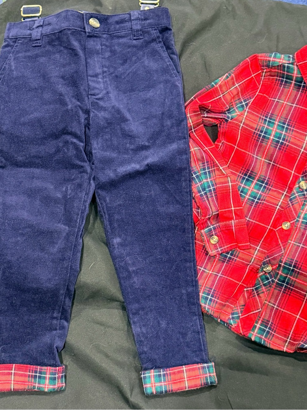 Max Studio Navy Corduroy Pants with Red Plaid Button Up Shirt